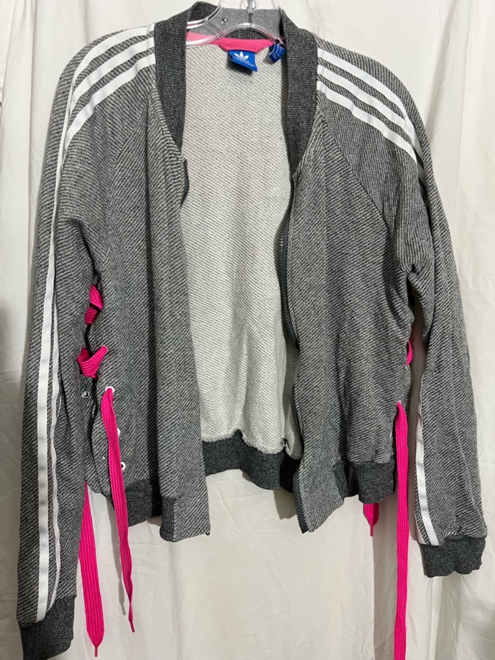 adidas Gray Bomber Jacket with Pink Lace-Up Ties